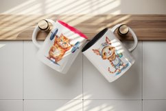 Watercolor happy cute sports cat running, lifting, weightlifting, archery, boxing, jogging on a treadmill, holding a medal or trophy, yoga, workout, training, tennis, golf wrap sublimation bundle for customize mug for champion and winner