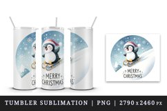 Watercolor happy penguin sliding down hill sled Merry Christmas quote print 20 oz tumbler skinny mug wrap clipart t-shirt sublimation printable design