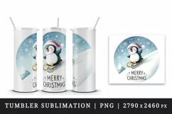 Watercolor happy penguin sliding down hill sled Merry Christmas quote print 20 oz tumbler skinny mug wrap clipart t-shirt sublimation printable design