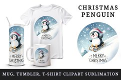 Watercolor happy penguin sliding down hill sled Merry Christmas quote print 20 oz tumbler skinny mug wrap clipart t-shirt sublimation printable design