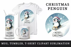 Watercolor happy penguin sliding down hill sled Merry Christmas quote print 20 oz tumbler skinny mug wrap clipart t-shirt sublimation printable design