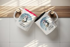 Watercolor happy penguin sliding down hill sled Merry Christmas quote print 20 oz tumbler skinny mug wrap clipart t-shirt sublimation printable design