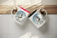 Watercolor happy penguin sliding down hill sled Merry Christmas quote print 20 oz tumbler skinny mug wrap clipart t-shirt sublimation printable design