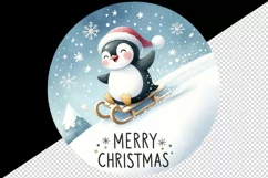 Watercolor happy penguin sliding down hill sled Merry Christmas quote print 20 oz tumbler skinny mug wrap clipart t-shirt sublimation printable design