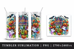 Watercolor haunted house ghosts pumpkins Halloween Fun quote circular print 20 oz tumbler skinny mug wrap clipart t-shirt sublimation printable design