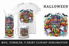 Watercolor haunted house ghosts pumpkins Halloween Fun quote circular print 20 oz tumbler skinny mug wrap clipart t-shirt sublimation printable design