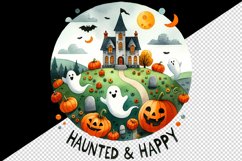 Watercolor haunted house ghosts pumpkins Haunted and Happy quote print 20 oz tumbler skinny mug wrap clipart t-shirt sublimation printable design