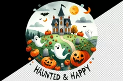 Watercolor haunted house ghosts pumpkins Haunted and Happy quote print 20 oz tumbler skinny mug wrap clipart t-shirt sublimation printable design