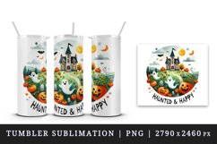 Watercolor haunted house ghosts pumpkins Haunted and Happy quote print 20 oz tumbler skinny mug wrap clipart t-shirt sublimation printable design