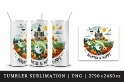 Watercolor haunted house ghosts pumpkins Haunted and Happy quote print 20 oz tumbler skinny mug wrap clipart t-shirt sublimation printable design