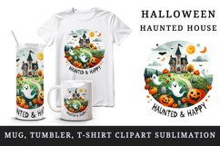 Watercolor haunted house ghosts pumpkins Haunted and Happy quote print 20 oz tumbler skinny mug wrap clipart t-shirt sublimation printable design