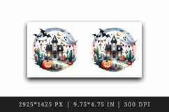 Watercolor haunted house with Halloween pumpkins bats ghost print 20 oz tumbler skinny mug wrap clipart t-shirt sublimation printable design