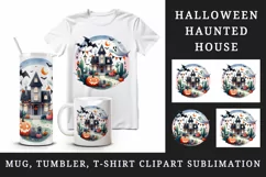 Watercolor haunted house with Halloween pumpkins bats ghost print 20 oz tumbler skinny mug wrap clipart t-shirt sublimation printable design