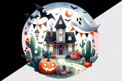 Watercolor haunted house with Halloween pumpkins bats ghost print 20 oz tumbler skinny mug wrap clipart t-shirt sublimation printable design