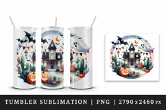 Watercolor haunted house with Halloween pumpkins bats ghost print 20 oz tumbler skinny mug wrap clipart t-shirt sublimation printable design