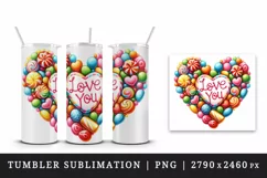 Watercolor heart made of colorful candy Love You quote Valentine Day print 20 oz tumbler skinny mug wrap clipart t-shirt sublimation printable design