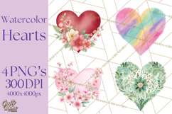 Watercolor Heart Clipart, Floral Hearts, Rainbow Hearts PNG Product Image 1