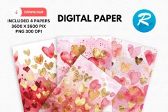 Watercolor Hearts And Golden Digital Paper Product Image 1