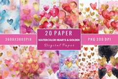 Watercolor Hearts And Golden Digital Paper Bundle Product Image 1