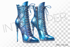 Sporty lace up design metallic blue high heel boots PNG art Product Image 1