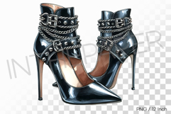 Edgy black leather high heels with silver chains and buckles Product Image 1