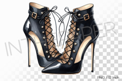 Sexy corset lace up design black leather high heels PNG ART Product Image 1