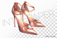 Instep wrapping pearl chain strap rose gold high heels PNG Product Image 1