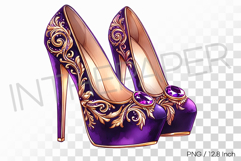 Vibrant gold embroidered pattern purple silk high heels PNG Product Image 1