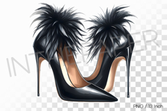 Soft and voluminous black fur decorated leather high heels Product Image 1