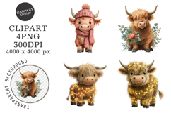 Watercolor Highland Cow Christmas Clipart Product Image 1