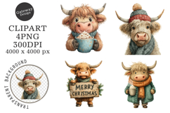 Watercolor Highland Cow Christmas Clipart Product Image 1