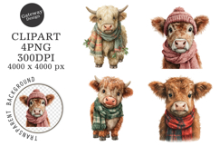 Watercolor Highland Cow Christmas Clipart Product Image 1