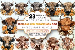 Watercolor Highland Cow Flower Farm Cow Clipart Bundle Product Image 1
