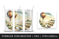 Watercolor hot air balloon landscape rolling hills river vintage print 20 oz tumbler skinny mug wrap clipart t-shirt sublimation printable design