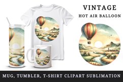 Watercolor hot air balloon landscape rolling hills river vintage print 20 oz tumbler skinny mug wrap clipart t-shirt sublimation printable design