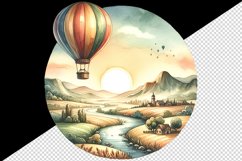 Watercolor hot air balloon landscape rolling hills river vintage print 20 oz tumbler skinny mug wrap clipart t-shirt sublimation printable design