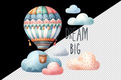 Watercolor hot air balloon soaring high clouds Big Dream motivational quote print 20 oz tumbler mug wrap clipart t-shirt sublimation printable design