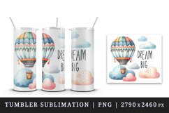 Watercolor hot air balloon soaring high clouds Big Dream motivational quote print 20 oz tumbler mug wrap clipart t-shirt sublimation printable design