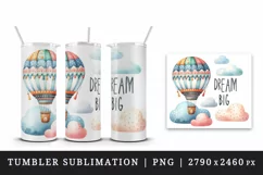 Watercolor hot air balloon soaring high clouds Big Dream motivational quote print 20 oz tumbler mug wrap clipart t-shirt sublimation printable design