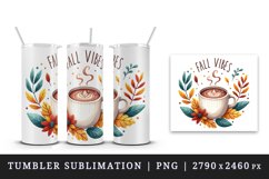 Watercolor hot cup of cocoa coffee autumn leaves Fall vibes quote print 20 oz tumbler skinny mug wrap clipart t-shirt sublimation printable design