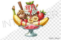 Classic banana split sundae dessert glass PNG dessert art Product Image 1