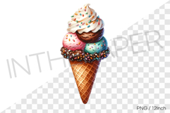 Three flavor stacked scoops waffle cone PNG dessert clipart Product Image 1