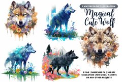 Magical Wolf Watercolor Bundle | Wolf bundle | 5 Wolf png Product Image 1