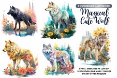 Magical Wolf Watercolor Bundle | Wolf bundle | 5 Wolf png Product Image 1