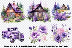 Purple Flowers &amp; House Watercolor Clipart Floral Sublimation Product Image 3