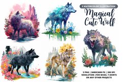 Magical Wolf Watercolor Bundle | Wolf bundle | 5 Wolf png Product Image 1