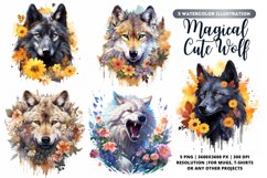 Magical Wolf Watercolor Bundle | Wolf bundle | 5 Wolf png Product Image 1