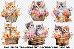 Kitten Flowers Wooden Basket Watercolor, Bundle Clipart PNG Product Image 3