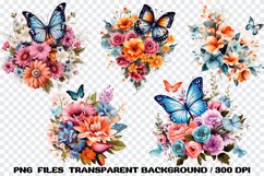 Butterfly Flowers Watercolor, Bundle Clipart PNG Product Image 3