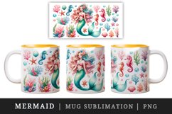 Watercolor illustration of mermaid marine life seahorse starfish vibrant corals design wrap sublimation for customize mug